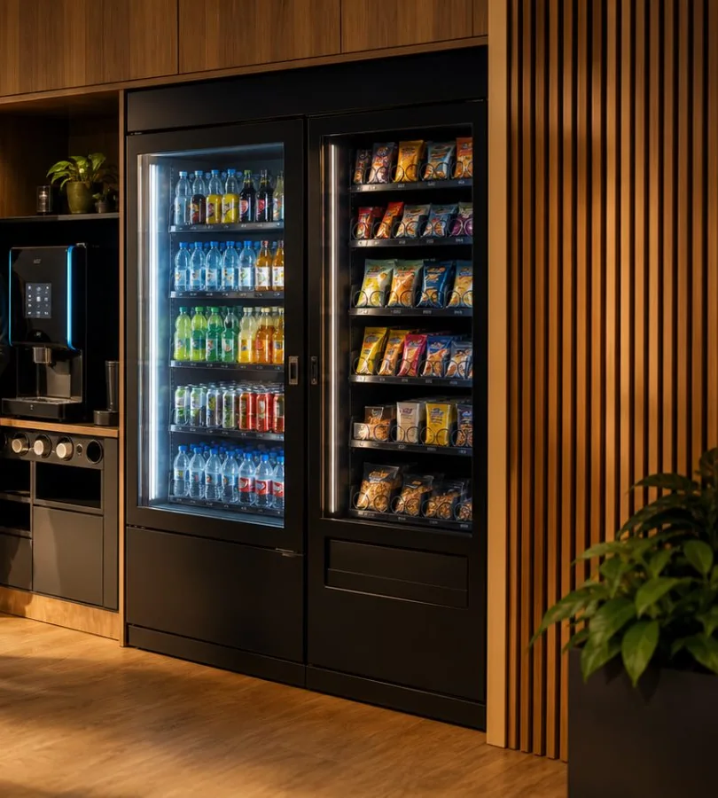 Máquina de snacks, frigorífico de bebidas e máquina de café automática embutidos numa parede de madeira